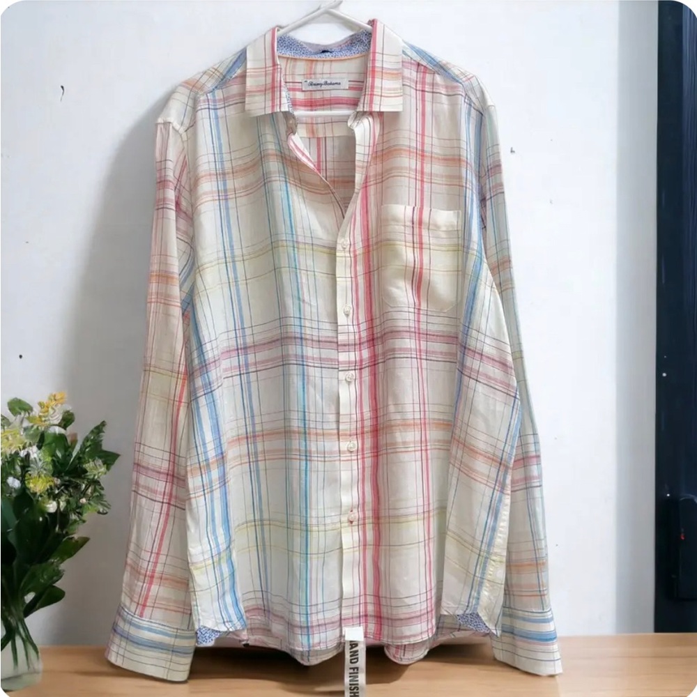 Tommy Bahama L 100% Breezy Linen Plaid Long Sleeve Casual Button Up Shirt
